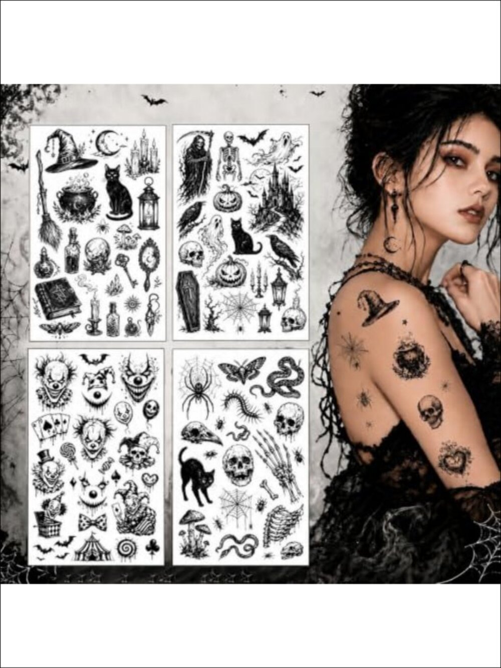 Gothic Dark Temporary Tattoos Skull Spider Bat Snake Halloween Body Art 4 Sheets